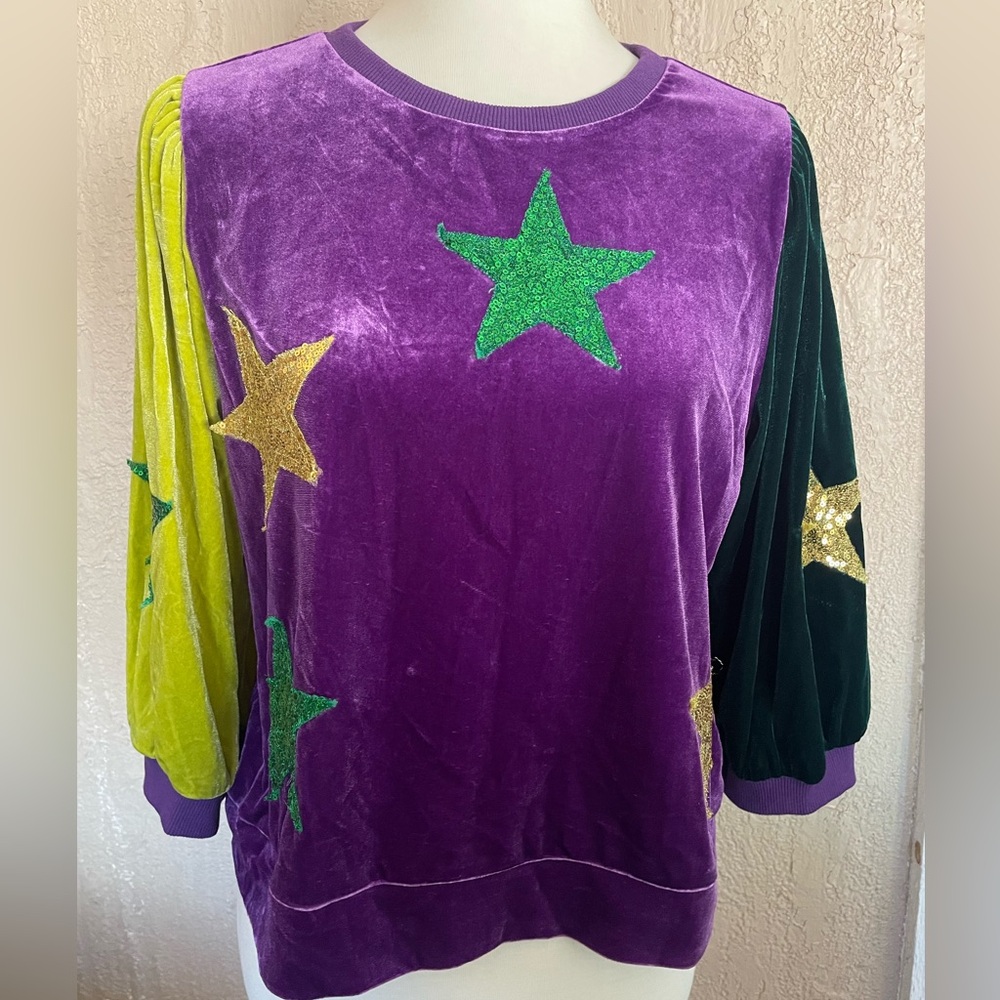 JODIFL Velvet Star Patchwork Pullover in Purple, Green, Yellow